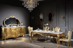 Casa Padrino Luxus Barock Esszimmerstuhl Set Weiß / Gold - 6 handgefertigte Küchen Stühle mit Armlehnen und elegantem Muster - Barock Esszimmer Möbel - Edel & Prunkvoll