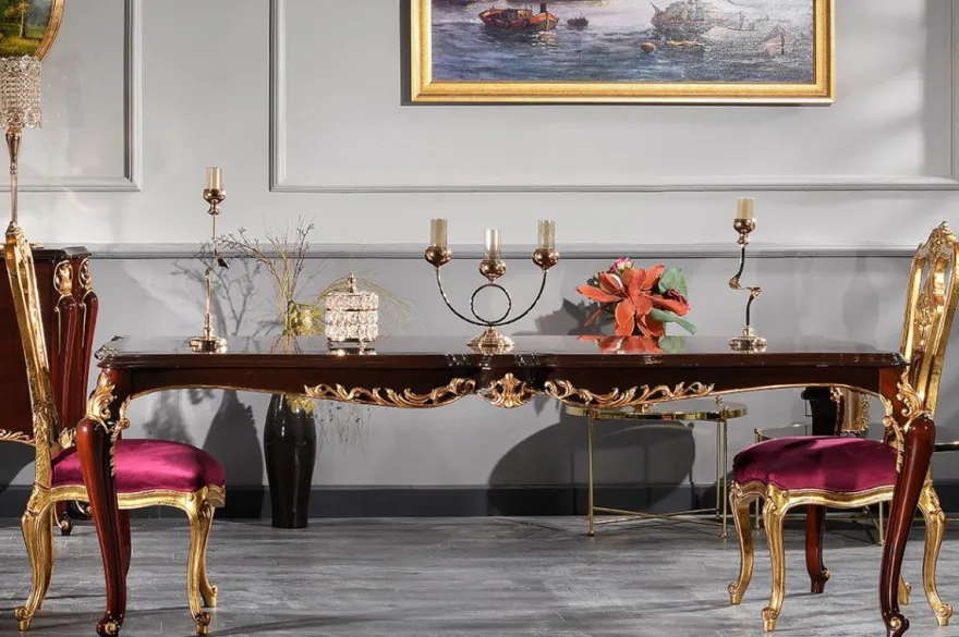 Casa Padrino Luxus Barock Esstisch Dunkelbraun / Gold 238 x 118 x H. 81 cm - Prunkvoller Küchentisch - Massivholz Esszimmertisch - Barock Esszimmer Möbel