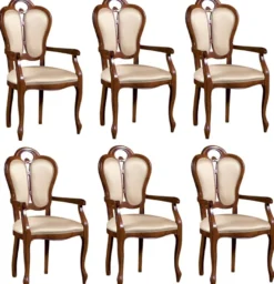 Casa Padrino Luxus Barock Esszimmer Set Braun / Weiß / Beige 57 x 43 x H. 105 cm - 6 Esszimmerstühle mit Armlehnen - Esszimmermöbel im Barockstil