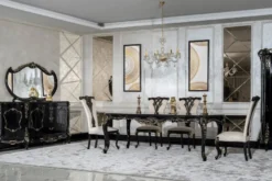 Casa Padrino Luxus Barock Esszimmer Set Creme / Schwarz / Gold - 1 Barock Esstisch & 8 Barock Esszimmerstühle - Luxus Esszimmer Möbel im Barockstil - Prunkvolle Barock Esszimmer Möbel