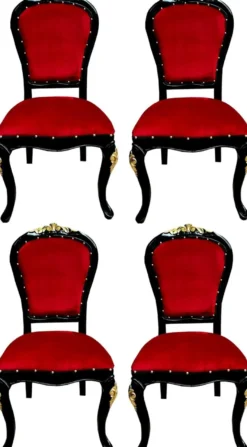 Casa Padrino Luxus Barock Esszimmer Set Bordeauxrot / Schwarz / Gold 50 x 50 x H. 110 cm - 4 handgefertigte Massivholz Esszimmerstühle mit Samtstoff - Barock Esszimmermöbel