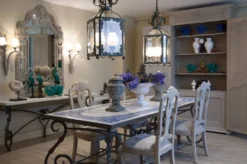 Casa Padrino Luxus Barock Esstisch - Handgefertigter Schmiedeeisen Küchentisch mit Naturstein Mosaik Fliesen Tischplatte - Garten Tisch - Terrassen Tisch - Garten Terrassen Esszimmer Möbel