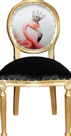 Casa Padrino Luxus Barock Esszimmer Set Flamingo mit Krone Grün / Weiß / Gold 48 x 50 x H. 98 cm - 6 handgefertigte Esszimmerstühle mit Bling Bling Glitzersteinen - Barock Esszimmermöbel