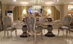 Casa Padrino Luxus Barock Esszimmer Stuhl Set Hellblau / Beige / Silber - Prunkvolles Küchen Stühle 8er Set - Barock Esszimmer Möbel
