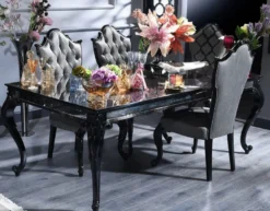 Casa Padrino Luxus Barock Esstisch Schwarz / Braun 210 x 110 x H. 78 cm - Edler Massivholz Küchentisch mit Glasplatte und Spiegelglas - Barock Esszimmer Möbel - Luxus Qualität - Made in Italy