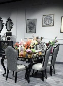 Casa Padrino Luxus Barock Esstisch Schwarz / Braun 210 x 110 x H. 78 cm - Edler Massivholz Küchentisch mit Glasplatte und Spiegelglas - Barock Esszimmer Möbel - Luxus Qualität - Made in Italy