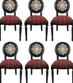Casa Padrino Luxus Barock Esszimmer Set Schottland Frau Mehrfarbig / Schwarz 48 x 50 x H. 98 cm - 6 handgefertigte Esszimmerstühle - Barock Esszimmermöbel
