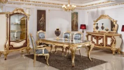 Casa Padrino Luxus Barock Esstisch Weiß / Braun / Gold - Prunkvoller Massivholz Esszimmertisch im Barockstil - Prunkvolle Barock Esszimmer Möbel