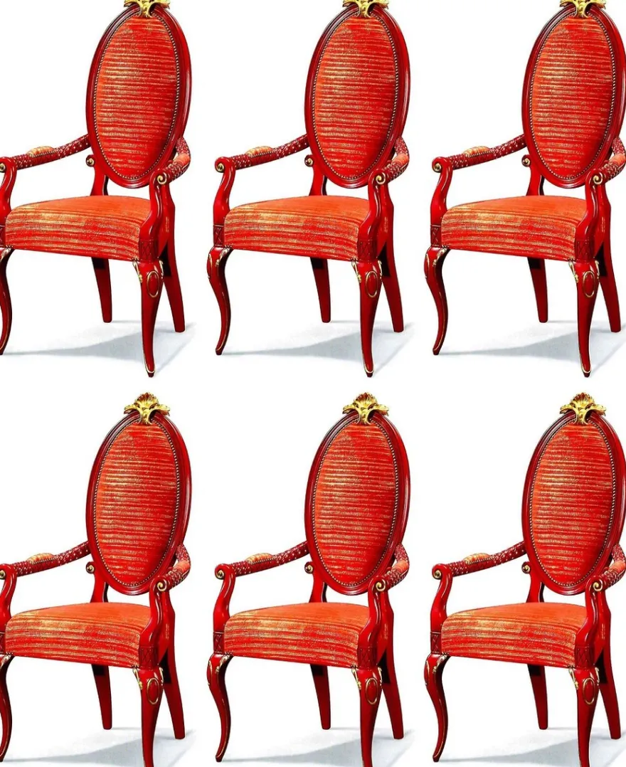 Casa Padrino Luxus Barock Esszimmerstuhl Set Rot / Gold - Prunkvolles Barock Esszimmer Stühle 6er Set mit Armlehnen - Barock Esszimmer Möbel - Luxus Qualität - Made in Italy