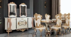 Casa Padrino Luxus Barock Esszimmer Set Creme / Weiß / Gold - 1 Barock Esstisch & 6 Barock Esszimmerstühle - Barock Esszimmer Möbel - Luxus Möbel im Barockstil - Edel & Prunkvoll
