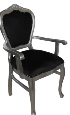 Casa Padrino Luxus Barock Esszimmer Set Schwarz / Silber 60 x 47 x H. 99 cm - 4 handgefertigte Esszimmerstühle mit Armlehnen - Barock Esszimmermöbel