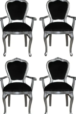 Casa Padrino Luxus Barock Esszimmer Set Schwarz / Silber 60 x 47 x H. 99 cm - 4 handgefertigte Esszimmerstühle mit Armlehnen - Barock Esszimmermöbel