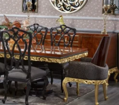 Casa Padrino Luxus Barock Esszimmer Set Braun / Schwarz / Gold - 1 Barock Esstisch & 8 Barock Esszimmerstühle - Luxus Esszimmer Möbel im Barockstil - Barock Möbel - Edel & Prunkvoll