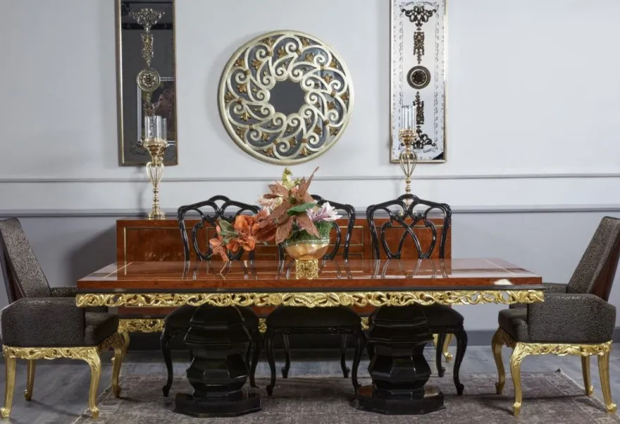 Casa Padrino Luxus Barock Esszimmer Set Braun / Schwarz / Gold - 1 Barock Esstisch & 8 Barock Esszimmerstühle - Luxus Esszimmer Möbel im Barockstil - Barock Möbel - Edel & Prunkvoll