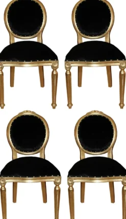 Casa Padrino Luxus Barock Esszimmer Set Medaillon Schwarz / Gold 50 x 52 x H. 99 cm - 4 handgefertigte Esszimmerstühle - Barock Esszimmermöbel