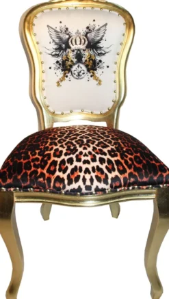 Casa Padrino Luxus Barock Esszimmer Stuhl Leopard / Weiß / Gold mit Glitzerkrone & Engelsflügel - Harald Glööckler Design - 50 x 60 x 104 cm