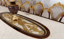 Casa Padrino Luxus Barock Esszimmer Set Weiß / Braun / Grau / Gold - 1 Barock Esstisch & 22 Barock Esszimmerstühle - Hotel Möbel - Schloss Möbel - Palast Möbel - Luxus Möbel im Barockstil