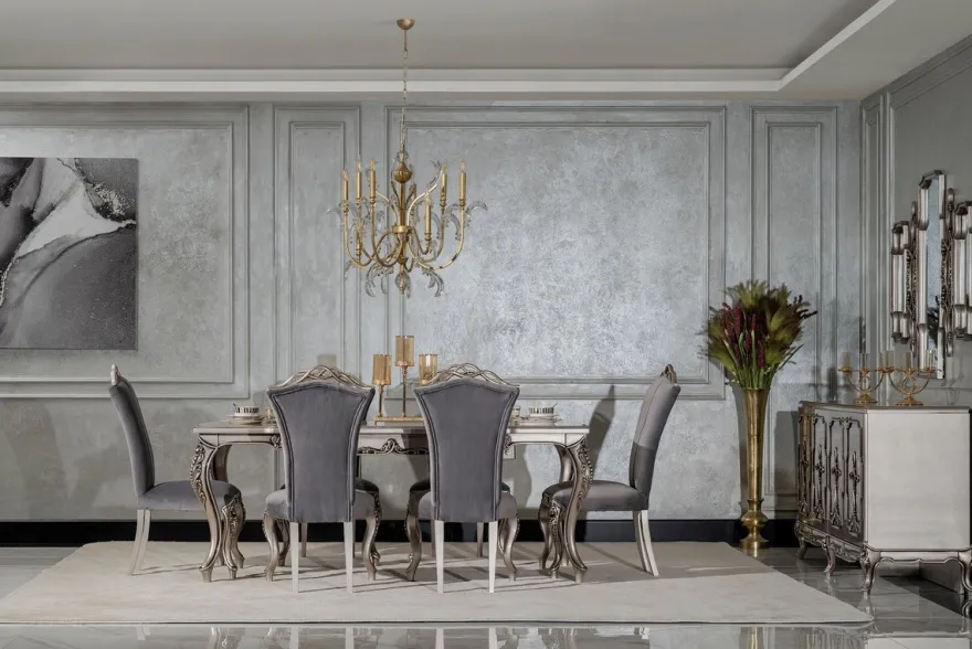 Casa Padrino Luxus Barock Esszimmer Stuhl Grau / Silber - Prunkvoller Barockstil Küchen Stuhl - Luxus Esszimmer Möbel im Barockstil - Barock Möbel - Edel & Prunkvoll