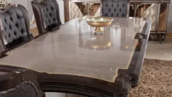 Casa Padrino Luxus Barock Esszimmer Set Blau / Grau / Dunkelbraun / Gold - 1 Barock Esstisch & 6 Barock Esszimmerstühle - Luxus Esszimmer Möbel im Barockstil - Barock Möbel - Edel & Prunkvoll