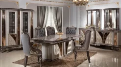 Casa Padrino Luxus Barock Esszimmer Set Blau / Grau / Dunkelbraun / Gold - 1 Barock Esstisch & 6 Barock Esszimmerstühle - Luxus Esszimmer Möbel im Barockstil - Barock Möbel - Edel & Prunkvoll