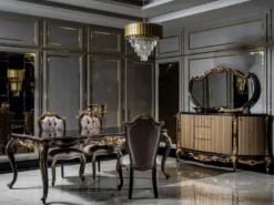 Casa Padrino Luxus Barock Esszimmer Set Silber / Schwarz / Gold - 1 Esstisch & 6 Esszimmerstühle - Barock Esszimmer Möbel - Edel & Prunkvoll