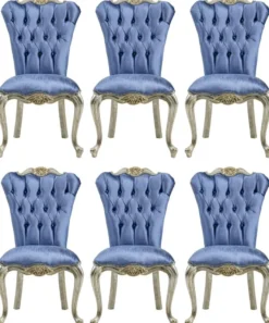 Casa Padrino Luxus Barock Esszimmerstuhl Set Blau / Silber / Gold - Handgefertigtes Küchen Stühle 6er Set - Barock Esszimmer Möbel - Edel & Prunkvoll