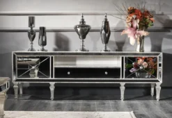 Casa Padrino Luxus Barock Fernsehschrank mit Spiegelglas Silber / Gold 200 x 55 x H. 72 cm - Verspiegelter TV Schrank - Luxus Qualität