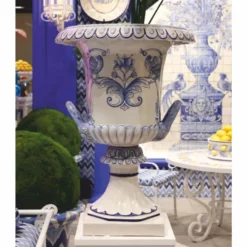 Casa Padrino Luxus Barock Keramik Blumentopf Weiß / Blau Ø 71 x H. 99,5 cm