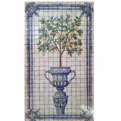 Casa Padrino Luxus Barock Keramik Wandgemälde Zitronenbaum Creme / Blau / Bunt H. 280 cm - Handgefertigtes Mosaik Fliesen Gemälde - Barock Wanddeko