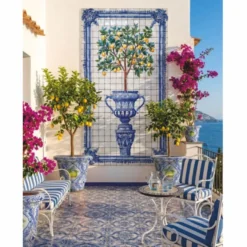 Casa Padrino Luxus Barock Keramik Wandgemälde Zitronenbaum Creme / Blau / Bunt H. 280 cm - Handgefertigtes Mosaik Fliesen Gemälde - Barock Wanddeko