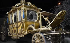 Casa Padrino Luxus Barock Königskutsche Gold / Blau / Grau - Prunkvolle Pferde Kutsche im Barockstil - Luxus Qualität - Edel & Prunkvoll