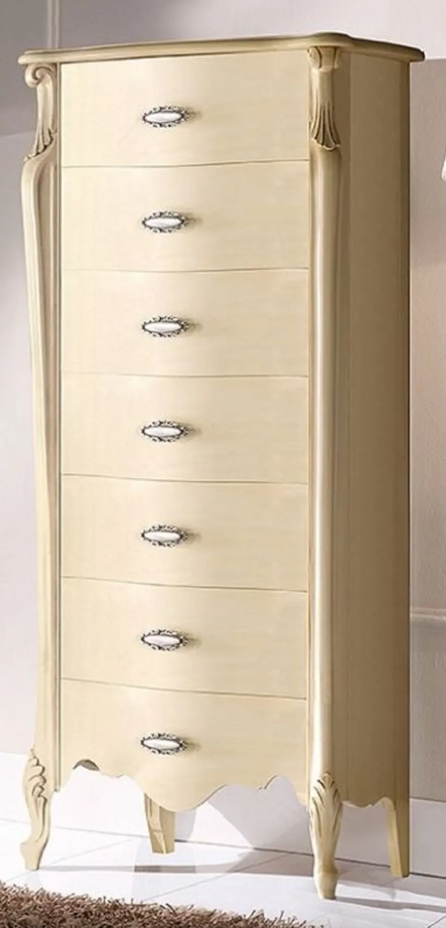 Casa Padrino Luxus Barock Kommode Creme / Silber - Handgefertigte Barockstil Massivholz Kommode mit 7 Schubladen - Handgefertigte italienische Barock Möbel - Made in Italy - Luxus Qualität
