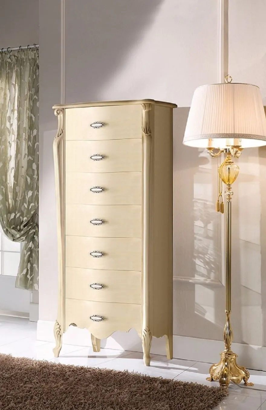 Casa Padrino Luxus Barock Kommode Creme / Silber - Handgefertigte Barockstil Massivholz Kommode mit 7 Schubladen - Handgefertigte italienische Barock Möbel - Made in Italy - Luxus Qualität