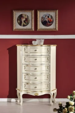 Casa Padrino Luxus Barock Kommode Creme / Gold - Handgefertigte Barockstil Massivholz Kommode mit 5 Schubladen - Handgefertigte italienische Barock Möbel - Luxus Qualität - Made in Italy