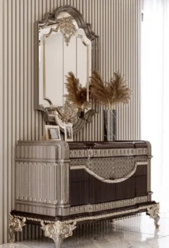 Casa Padrino Luxus Barock Kommode mit Wandspiegel Dunkelbraun / Grau / Gold