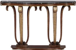 Casa Padrino Luxus Barock Konsole Braun / Gold / Schwarz 145 x 42 x H. 90 cm - Mahagoni Konsolentisch mit dekorativen handgeschnitzten Federn und Marmorplatte - Edle Möbel im Barockstil