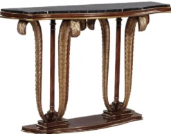 Casa Padrino Luxus Barock Konsole Braun / Gold / Schwarz 145 x 42 x H. 90 cm - Mahagoni Konsolentisch mit dekorativen handgeschnitzten Federn und Marmorplatte - Edle Möbel im Barockstil