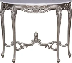 Casa Padrino Luxus Barock Konsole Silber / Weiß - Handgeferigter Massivholz Konsolentisch mit Marmorplatte - Barock Möbel