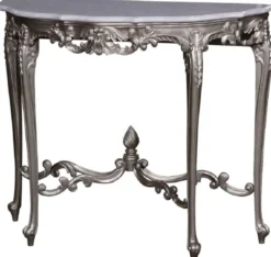 Casa Padrino Luxus Barock Konsole Silber / Weiß - Handgeferigter Massivholz Konsolentisch mit Marmorplatte - Barock Möbel