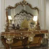 Casa Padrino Luxus Barock Konsole mit Spiegel Braun / Gold / Silber - Prunkvoller handgefertigter Schminktisch mit Wandspiegel - Hotel Möbel - Schloss Möbel - Luxus Qualität - Made in Italy