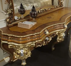 Casa Padrino Luxus Barock Konsole mit Spiegel Braun / Gold / Silber - Prunkvoller handgefertigter Schminktisch mit Wandspiegel - Hotel Möbel - Schloss Möbel - Luxus Qualität - Made in Italy