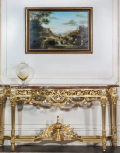 Casa Padrino Luxus Barock Konsole Gold / Rot 200 x 48 x H. 93 cm - Prunkvoller handgeschnitzter Konsolentisch mit Marmorplatte - Hotel Restaurant Schloss Möbel - Luxus Qualität - Made in Italy