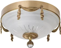 Casa Padrino Luxus Barock Kristall Deckenleuchte Messing mit Patina / Weiß Ø 30 x H. 20 cm - Runde Barockstil Wohnzimmer Deckenlampe - Barock Leuchten - Barock Möbel - Edel & Prunkvoll