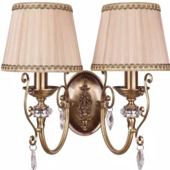 Casa Padrino Luxus Barock Kristall Doppel Wandleuchte Messing mit Patina / Beige-Gold H. 37 cm