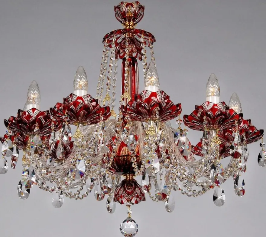 Casa Padrino Luxus Barock Kristall Kronleuchter Rot / Gold Ø 72 x H. 67 cm - Hotel & Restaurant Kronleuchter - Barock Leuchten - Edel & Prunkvoll