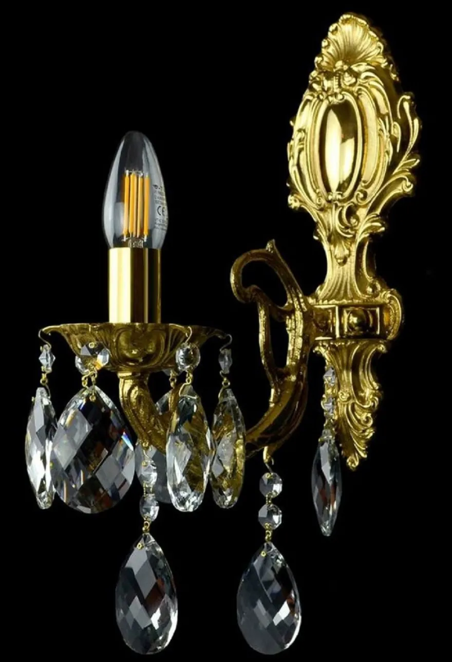 Casa Padrino Luxus Barock Kristall Wandleuchte Gold 12 x 24 x H. 38 cm - Barockstil Wandlampe mit Kristall Behängen - Barock Leuchten - Edel & Prunkvoll