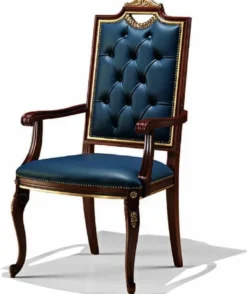 Casa Padrino Luxus Barock Leder Esszimmer Stuhl mit Armlehnen Blau / Braun / Gold - Barock Möbel Made in Italy