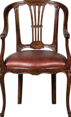 Casa Padrino Luxus Barock Leder Esszimmer Stuhl mit Armlehnen Braun - Prunkvoller Massivholz Küchenstuhl mit edlem Echtleder - Esszimmer Möbel - Leder Möbel - Barock Möbel - Barock Interior