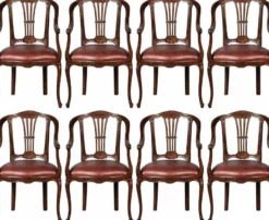 Casa Padrino Luxus Barock Leder Esszimmer Stuhl 8er Set mit Armlehnen Braun - Prunkvolle Barockstil Echtleder Küchen Stühle - Luxus Barock Esszimmer Möbel - Edel & Prunkvoll