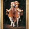Casa Padrino Luxus Barock Ölgemälde Zwillinge Rot / Mehrfarbig / Gold 64 x H. 82 cm - Handgemaltes Gemälde im Barockstil - Barock Wand Deko